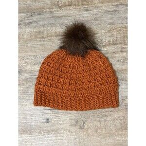 New Hand Crocheted Waffle Orange Acrylic Faux Fur Pom Pom Beanie Hat Women